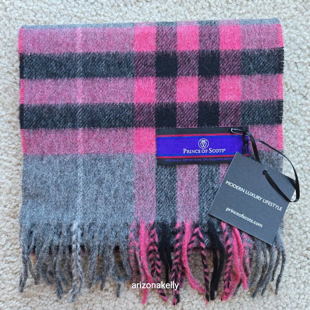 NWT Merino Wool Scarf Pink and Grey Plaid